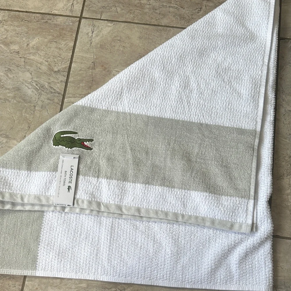Lacoste White and Light Gray Towel with Green Logo